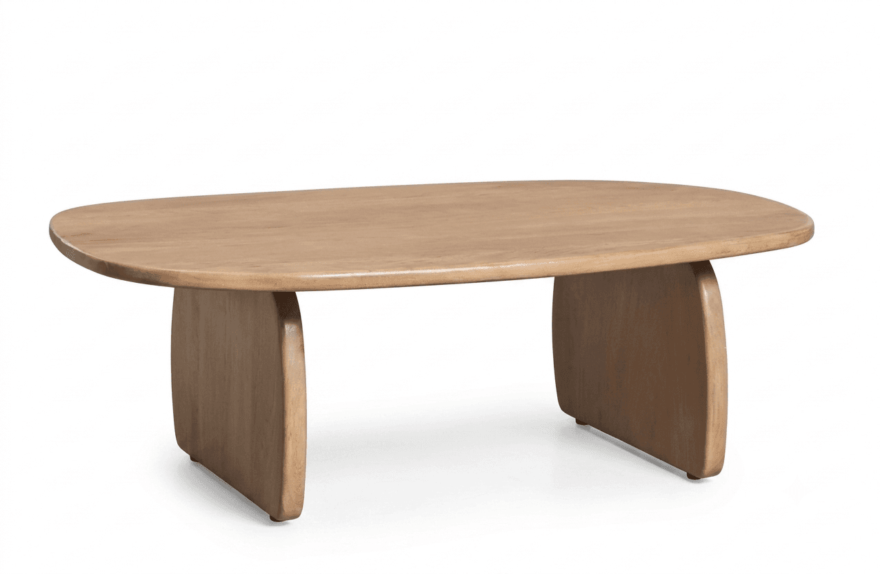 A light-colored wooden coffee table featuring an elongated, rounded rectangular tabletop supported by two thick, curved panel legs, exuding an organic modern aesthetic. — 3D model