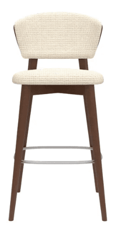 A wooden bar stool with a padded seat and backrest. The stool has four legs, connected by a metal footrest ring. The upholstery is a textured fabric in a light neutral color. — 3D model