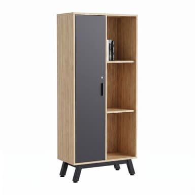 A tall, narrow freestanding storage unit featuring an asymmetrical two-tone design. The left side consists of a closed cabinet with a dark grey door and a silver keyhole, while the right side contains three open shelves in a light wood-look finish. The unit is supported by four angled black metal legs, with two at the front and two at the back, attached to a black base. — 3D model