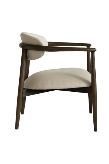 A upholstered armchair with a wooden frame. The chair features a curved backrest and a seat cushion, both upholstered in a light-colored fabric. The frame is constructed from dark-stained wood with tapered legs and curved armrests. — 3D model
