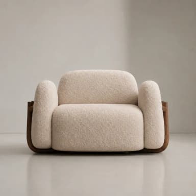 A contemporary lounge armchair featuring a unique, sculptural design. It is upholstered in a textured, off-white bouclé fabric, providing a soft and inviting appearance. The chair has generous, rounded forms for the seat, backrest, and armrests. A distinctive dark brown wooden structure wraps around the sides, supporting the armrests and adding a contrasting material element to the design. The overall aesthetic is organic and plush, designed for comfort and visual appeal. — 3D model