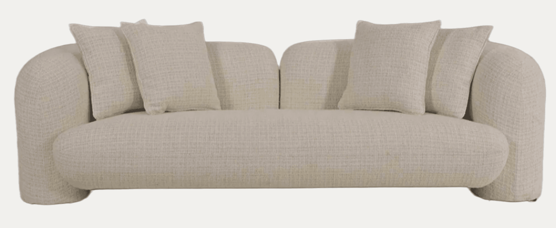A contemporary sofa with a rounded, organic silhouette. It features generously padded cushions and includes four throw pillows. The upholstery has a textured weave, and the overall design suggests a focus on comfort and modern aesthetics. — 3D model