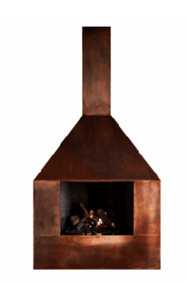 A tall, freestanding gas fireplace featuring a prominent tapered hood and a square base, constructed from patinated metal, likely oxidized copper or bronzed steel. The metal exhibits a rich reddish-brown hue with natural variations, giving it a rustic, aged appearance. The firebox contains artificial logs with an active gas flame, simulating a traditional wood-burning fire. The design is self-contained, not requiring a built-in mantel or chimney structure. — 3D model