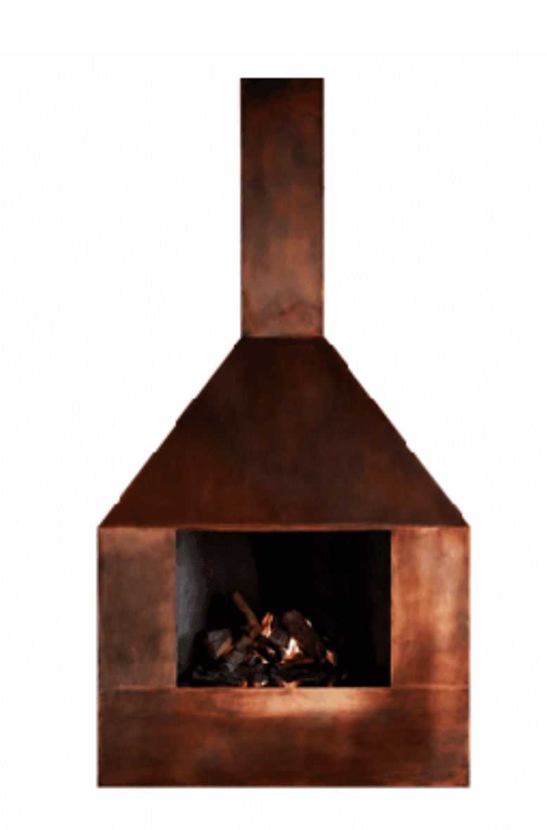 A tall, freestanding gas fireplace featuring a prominent tapered hood and a square base, constructed from patinated metal, likely oxidized copper or bronzed steel. The metal exhibits a rich reddish-brown hue with natural variations, giving it a rustic, aged appearance. The firebox contains artificial logs with an active gas flame, simulating a traditional wood-burning fire. The design is self-contained, not requiring a built-in mantel or chimney structure. — 3D model