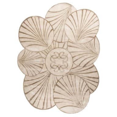 A rug with a repeating abstract floral pattern. The pattern consists of circular shapes that resemble stylized petals or leaves, radiating outwards from a central circular motif. The color palette is neutral, featuring shades of beige and light brown. The texture appears soft and plush. — 3D model