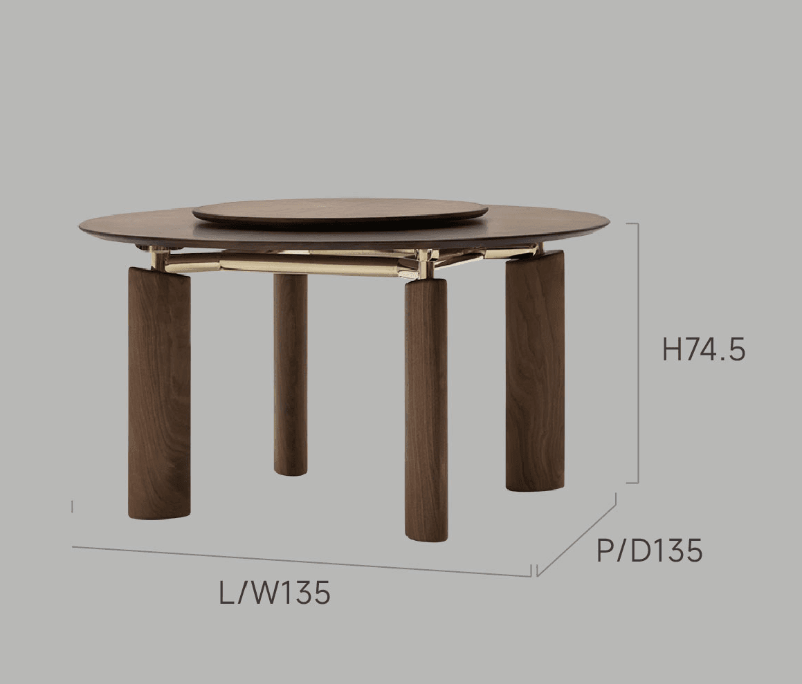 A contemporary round dining table crafted from dark-stained wood. It features a circular main tabletop with a smaller, rotating circular tray (Lazy Susan) embedded in its center. The table stands on four thick, cylindrical wooden legs, which are connected to the tabletop with subtle brass-toned metal fixtures, providing both structural support and a decorative accent. — 3D model