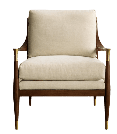 A sophisticated armchair with a wooden frame and upholstered cushions. The frame features gracefully curved armrests and legs, with brass accents on the armrests and leg tips. The upholstery is a light-colored fabric. — 3D model