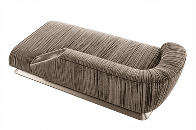 A contemporary daybed featuring distinctive vertical channeled upholstery in a grey/taupe color, with a single integrated rolled armrest and a sleek, recessed metallic plinth base. — 3D model