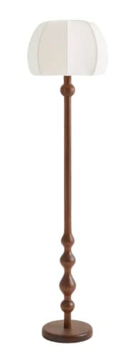 A floor lamp featuring a turned wooden base and a distinctive pleated fabric shade. The shade is shaped like a rounded dome or mushroom cap, made of a light-colored, possibly off-white or cream fabric. The wooden stem transitions from a straight cylindrical section to a series of three progressively smaller, rounded, turned elements before reaching a flat, circular wooden base. The wood appears to be a medium to dark brown, suggesting a rich wood tone. — 3D model