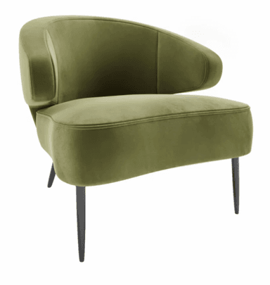 A modern armchair with a rounded back and integrated armrests, upholstered in a soft, olive-green velvet fabric. The chair features a plush seat cushion and a contoured backrest. It is supported by four slender, tapered legs in a dark finish. — 3D model