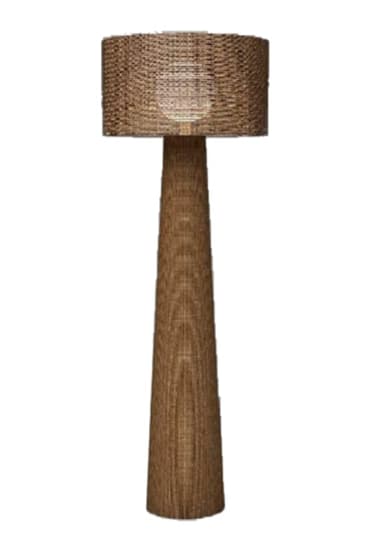 A tall floor lamp featuring a wide, conical base and a cylindrical drum shade, both entirely constructed from a natural woven material like rattan or wicker. — 3D model