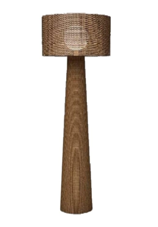 A tall floor lamp featuring a wide, conical base and a cylindrical drum shade, both entirely constructed from a natural woven material like rattan or wicker. — 3D model