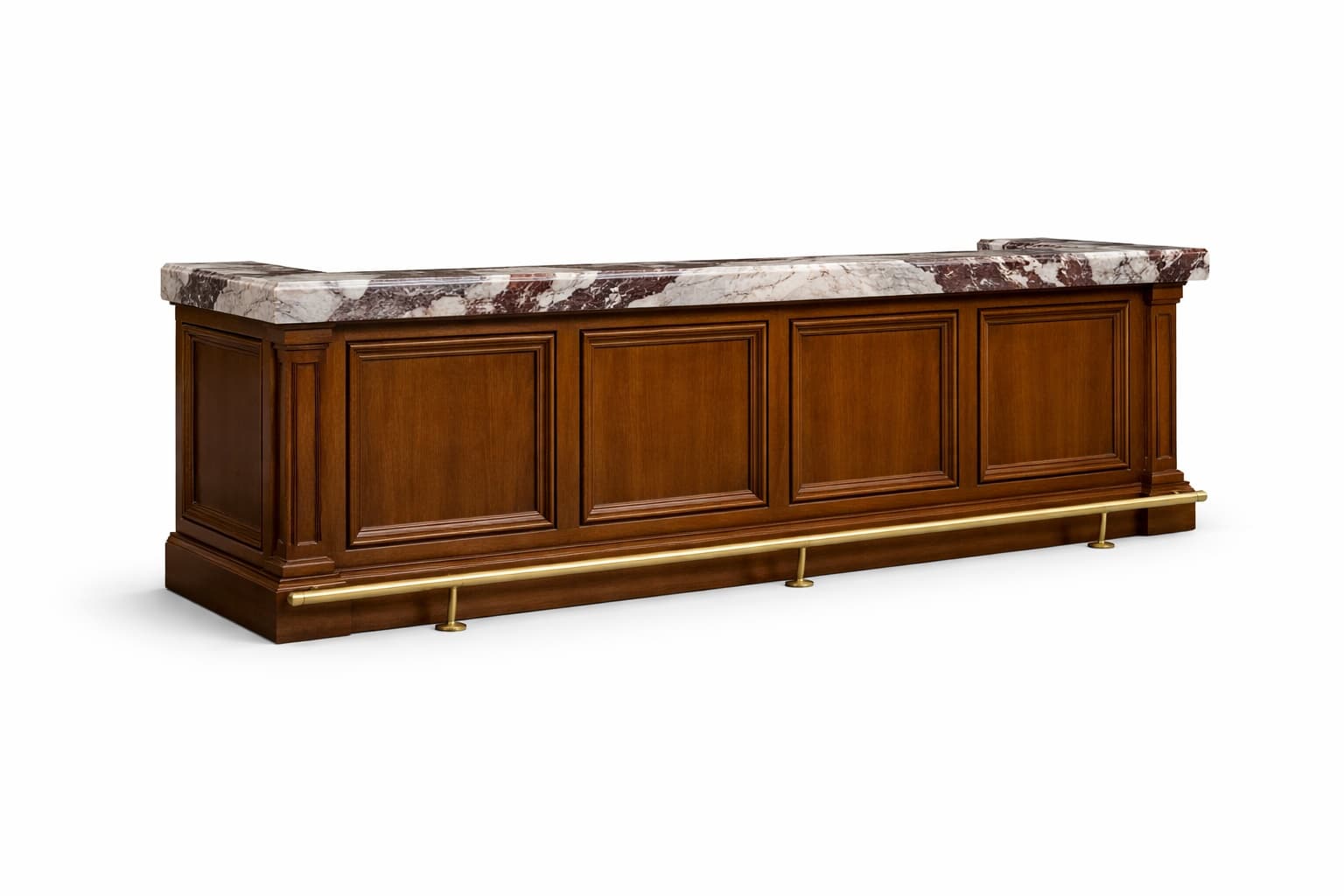 A dark brown wooden bar with a marble countertop. The front of the bar features four recessed panels, each bordered by decorative trim. A polished brass foot rail is attached to the front base. The marble countertop has a pattern of white and reddish-brown veins. The bar appears to be designed for commercial or home entertainment use. — 3D model