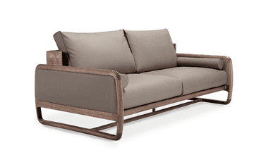 A contemporary loveseat featuring a sleek wooden frame with gently curved edges and an integrated storage unit at the back. The seating area is upholstered in a smooth, matte-finish taupe material, likely leather or high-quality faux leather, with two back cushions. The rear of the sofa showcases a functional storage solution with multiple compartments, crafted from the same warm-toned wood as the frame. — 3D model