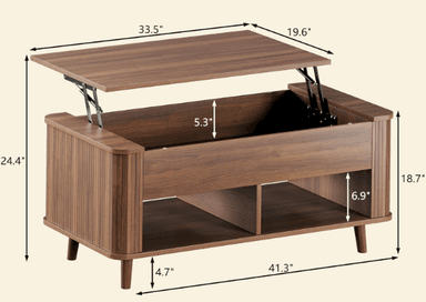 A brown lift-top coffee table with a slatted side panel design. The table features a main storage compartment accessible by lifting the top, which is supported by a mechanical lift mechanism. It stands on four tapered wooden legs. The lower section has two open shelving compartments. — 3D model