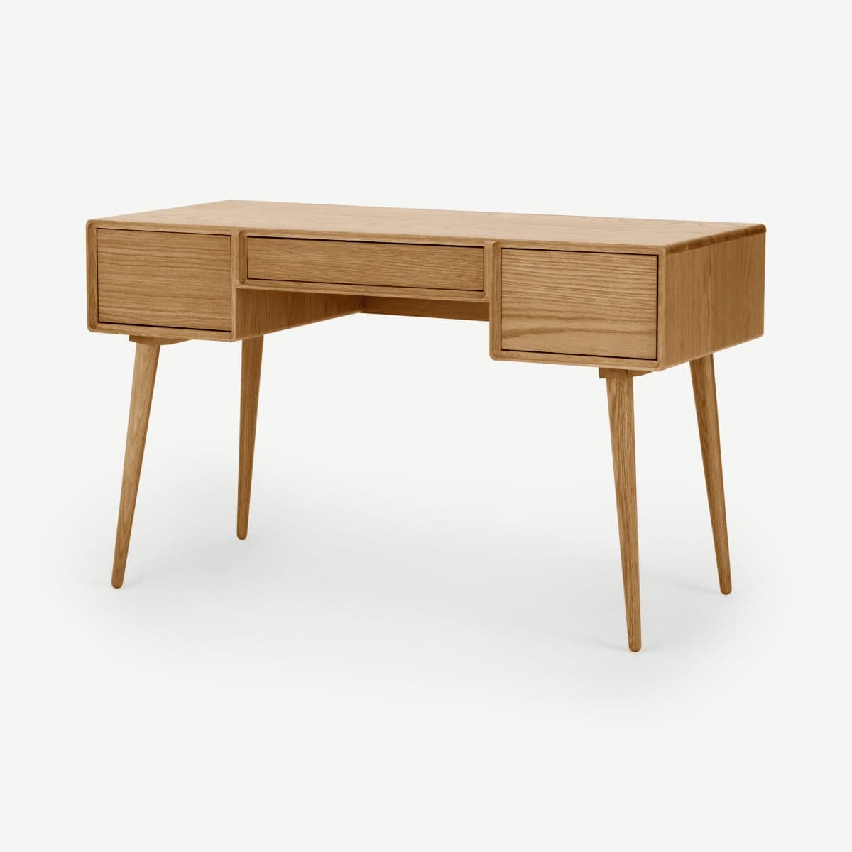 A light-colored wooden desk featuring a rectangular top with subtly rounded edges, supported by four tapered, splayed legs. The desk includes three integrated drawers: a wider central drawer and two narrower drawers positioned on either side, all with recessed pull handles for a clean, minimalist aesthetic. The wood grain is visible, indicating a natural finish. — 3D model