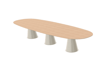An elongated, light-colored oval table with a wood or wood veneer top, supported by three cream-colored, flared pedestal bases. — 3D model