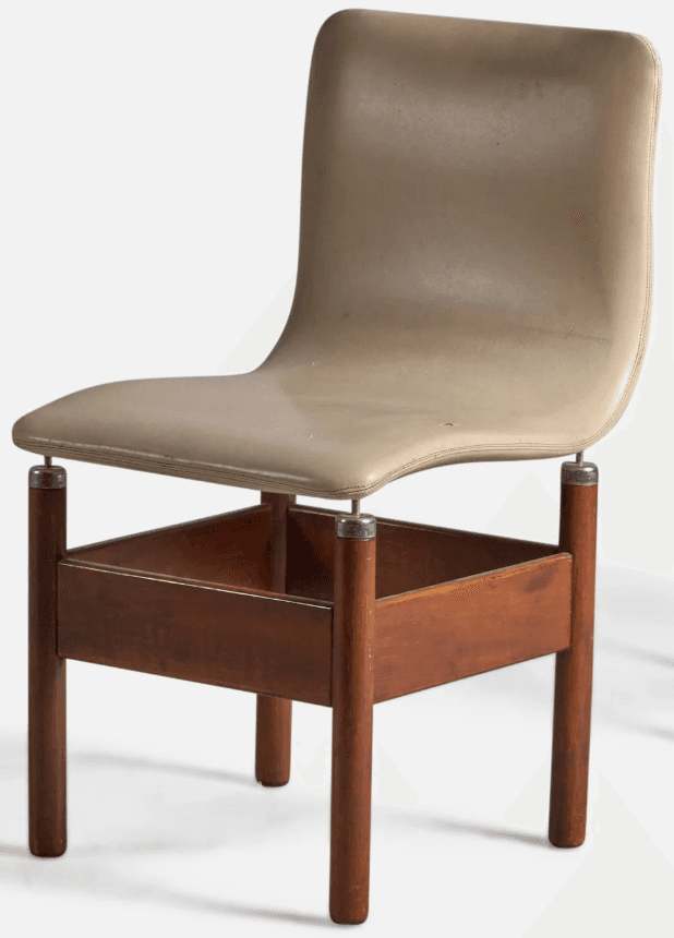 A modern chair with a curved, light-colored seat and backrest supported by a square wooden base and four cylindrical wooden legs. The seat appears to be upholstered. Metal accents are visible where the seat connects to the legs. — 3D model