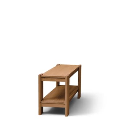 A two-tiered end table constructed from wood. The table features a simple, minimalist design with clean lines. The top surface and the lower shelf are flat and rectangular. The legs are cylindrical and extend vertically from the base to support the top. The construction appears to be solid wood, possibly oak, with a natural finish highlighting the wood grain. The joints are visible and appear to be well-crafted. — 3D model