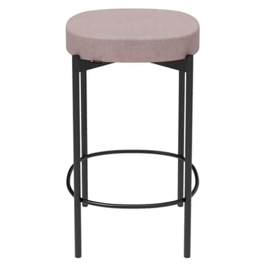 A modern bar stool with a rounded, upholstered seat and a minimalist metal frame. The seat is oval-shaped and covered in a textured, light pinkish-beige fabric. The frame consists of four slender, black metal legs connected by a circular footrest. A small, circular emblem with text is visible on one of the triangular supports under the seat. — 3D model
