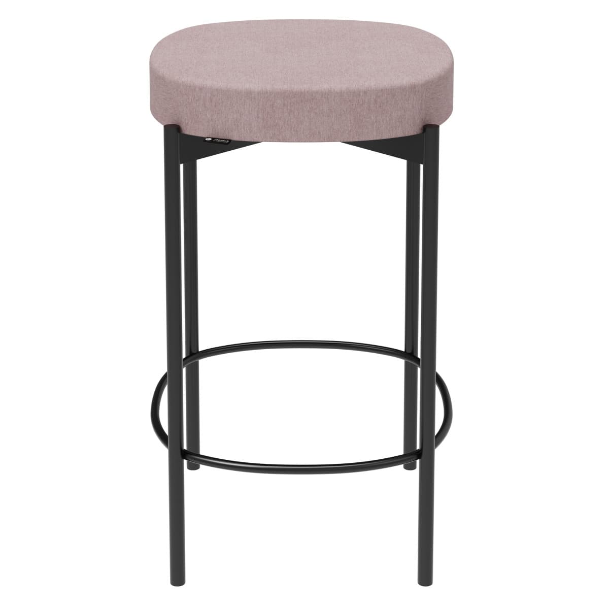 A modern bar stool with a rounded, upholstered seat and a minimalist metal frame. The seat is oval-shaped and covered in a textured, light pinkish-beige fabric. The frame consists of four slender, black metal legs connected by a circular footrest. A small, circular emblem with text is visible on one of the triangular supports under the seat. — 3D model