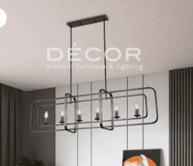 A black, rectangular chandelier with a linear design. It features multiple open rectangular frames arranged in a row, each housing a candelabra-style bulb. The fixture is suspended by two thin black rods from a rectangular ceiling canopy. — 3D model