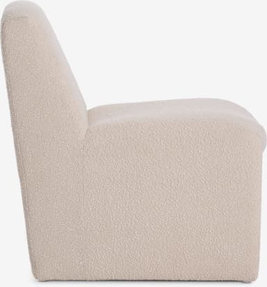 A contemporary accent chair with a low profile and a distinctive U-shaped base. The chair features a fully upholstered design with a textured boucle fabric. The backrest is gently curved, and the seat is wide and inviting. The overall form is sculptural and modern, designed for both comfort and aesthetic appeal. — 3D model