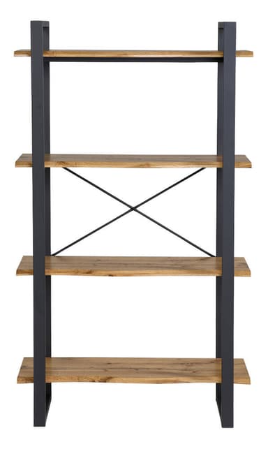 A freestanding bookshelf unit with a dark gray metal frame and four wooden shelves. The frame consists of two vertical posts on each side, connected by horizontal supports and diagonal cross bracing between the middle shelves for stability. The shelves appear to be made of solid wood with a natural finish, showcasing wood grain patterns. The unit has an open back. — 3D model