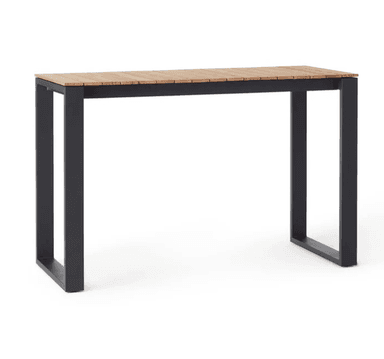 A rectangular, bar-height table featuring a slatted natural wood top supported by a minimalist matte black powder-coated metal frame with U-shaped legs. — 3D model