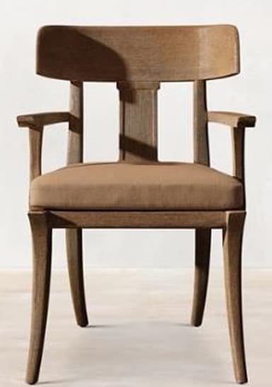 A sturdy wooden dining chair with a light brown upholstered seat and a distinctive curved backrest. The frame is made of a medium-toned wood, featuring gently curved and tapered legs. The backrest is a solid, broad piece of wood, supported by two vertical stiles, with integrated armrests extending from these supports. — 3D model