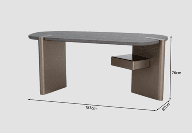 A modern console table featuring an oval, dark grey wooden tabletop with visible grain, supported by two broad, flat, metallic-bronze legs. An integrated, dark-toned drawer is discreetly positioned beneath the right side of the tabletop, blending with the leg structure. The design emphasizes clean lines and a minimalist aesthetic. — 3D model
