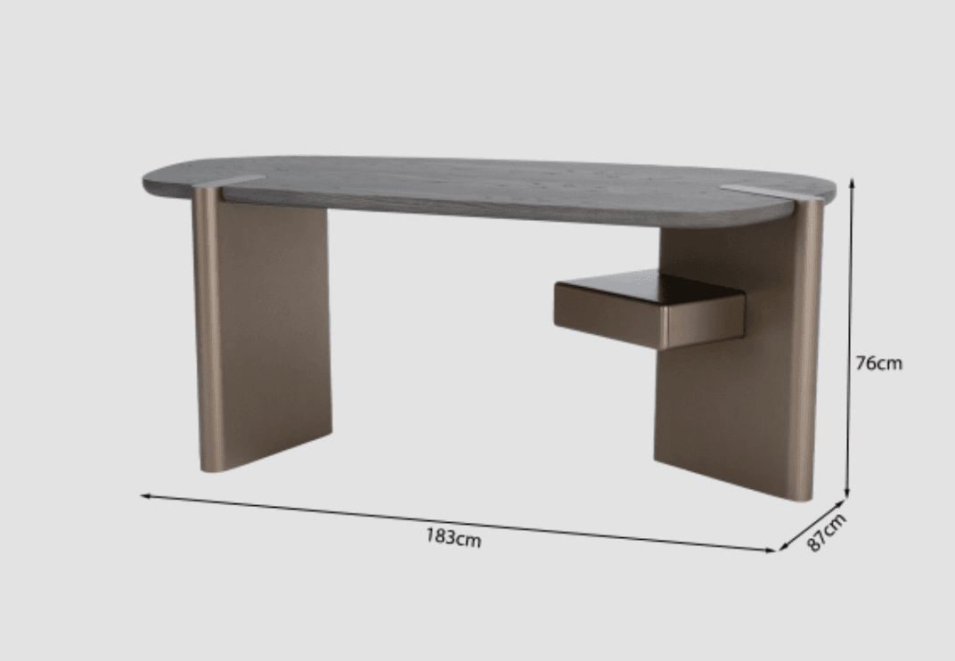 A modern console table featuring an oval, dark grey wooden tabletop with visible grain, supported by two broad, flat, metallic-bronze legs. An integrated, dark-toned drawer is discreetly positioned beneath the right side of the tabletop, blending with the leg structure. The design emphasizes clean lines and a minimalist aesthetic. — 3D model