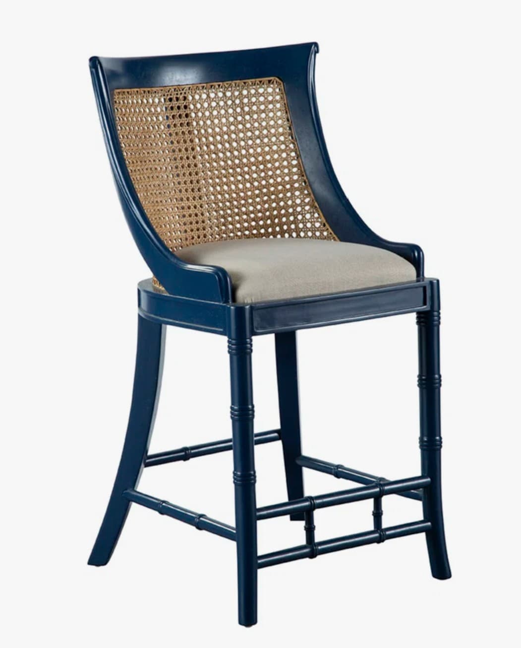 A tall navy blue bar stool with a curved cane backrest, a light-colored upholstered seat, and bamboo-style turned legs and stretchers. — 3D model
