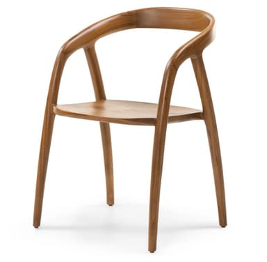 A meticulously crafted solid wood armchair featuring a flowing, organic design. The backrest and armrests form a continuous, gently curved line, and the seat is a sculpted, slightly scooped wooden panel. The chair is supported by four slender, round, slightly splayed legs. — 3D model