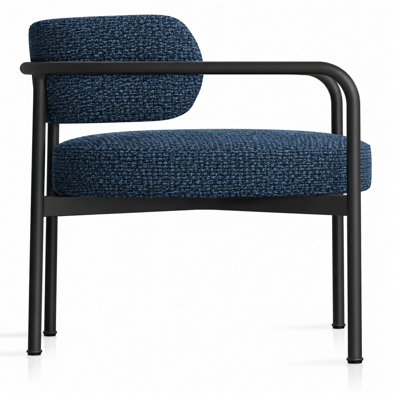 A modern armchair featuring a minimalist black tubular metal frame and thick, plush blue fabric upholstery. The seat and backrest cushions are distinct and appear to be supported by the frame, with the backrest cushion forming a rounded, almost floating element within the frame. The armrests are integrated into the continuous tubular frame, creating a clean, architectural silhouette. The chair has a contemporary and functional design. — 3D model