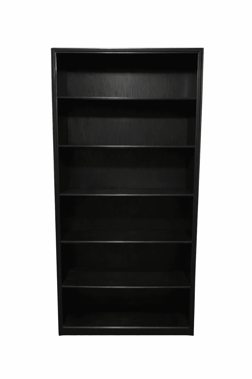 A tall, rectangular bookcase constructed from dark-finished wood, featuring multiple open shelves for storage or display. The design is minimalist, with clean lines and a visible wood grain texture under the dark stain. — 3D model