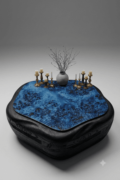 A low-profile, organically shaped coffee table featuring a vibrant, highly figured blue resin top, contrasted with a dark, sculpted or textured wooden base. — 3D model