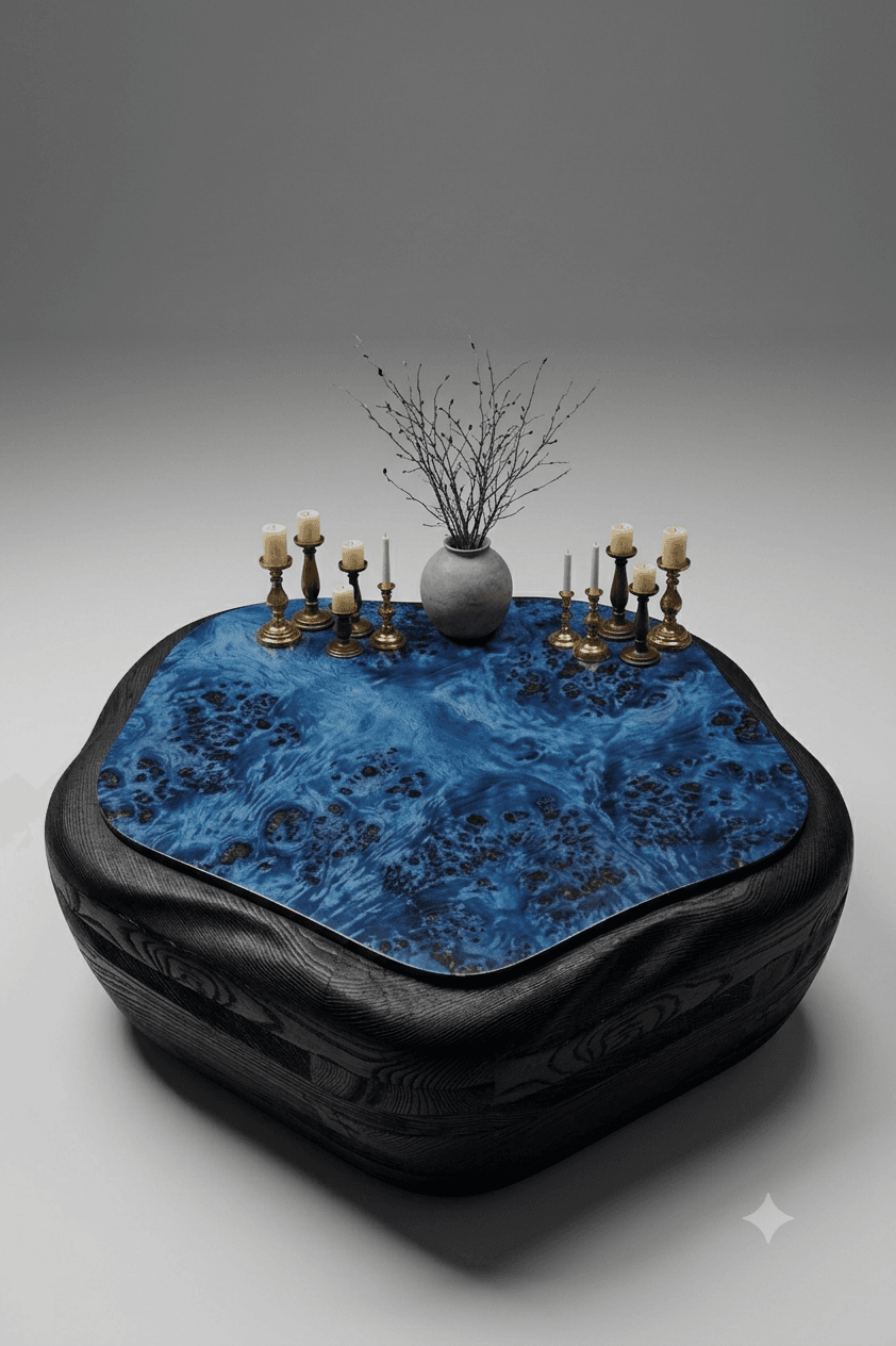 A low-profile, organically shaped coffee table featuring a vibrant, highly figured blue resin top, contrasted with a dark, sculpted or textured wooden base. — 3D model