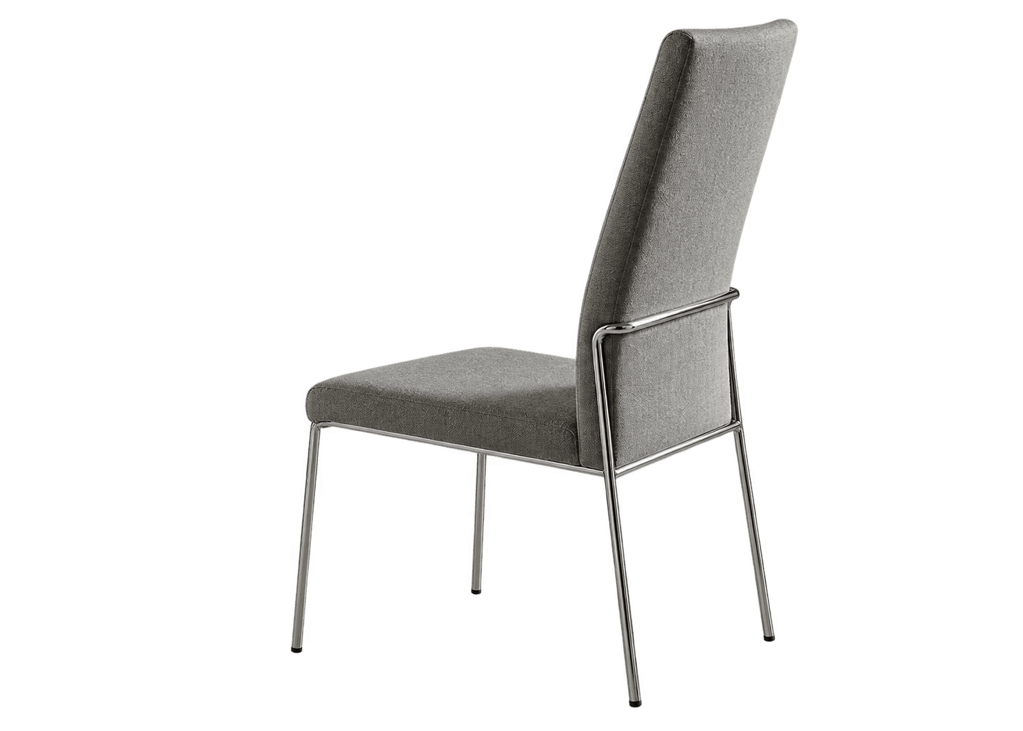 A contemporary dining chair featuring a high, slightly tapered backrest and a square seat, both upholstered in a gray fabric. The chair is supported by a slender, polished chrome-plated metal frame, including a distinctive horizontal bar supporting the lower back. — 3D model