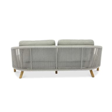A two-seater sofa with a rounded back and arms, featuring a wooden frame on the sides and legs, and a seat and backrest upholstered in a light grey textured fabric. The back of the sofa is detailed with woven ropes or cords. — 3D model