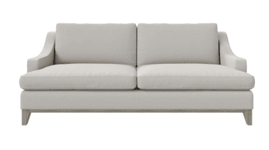 A two-seater sofa with a light-colored upholstered body and a light wood base and legs. The sofa features a low profile with slightly curved arms and two prominent seat cushions and back cushions. The base appears to be a continuous wooden frame connecting the legs. — 3D model