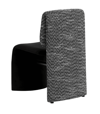 A contemporary dining chair featuring a striking two-tone upholstery design. The tall, rectangular backrest is covered in a black and white textured woven fabric, while the seat is a smooth, solid black material, possibly faux leather or velvet, appearing to 'float' below the back. The chair exhibits a minimalist and modern aesthetic. — 3D model