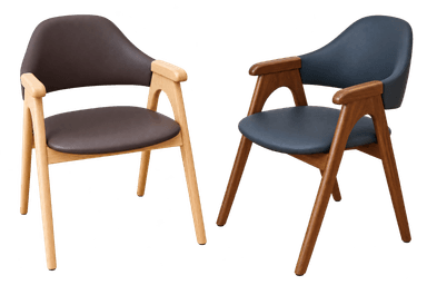 A contemporary dining armchair featuring a light wood frame, a dark navy blue upholstered seat and backrest, and darker wood armrest caps. The design is sleek and modern with subtly curved elements. — 3D model