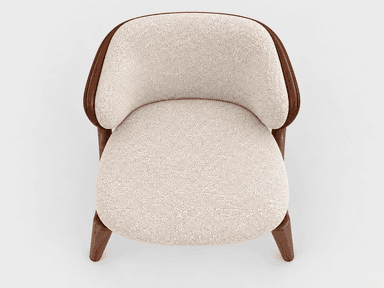 A modern, sculptural chair featuring a dark brown, organically curved walnut wood frame. The seat and inner backrest are upholstered in a light, textured bouclé fabric, while the outer backrest is covered in a smooth, contrasting dark brown material, possibly leather or faux leather. The chair has no visible armrests and stands on four tapered legs that flow seamlessly from the main frame. — 3D model