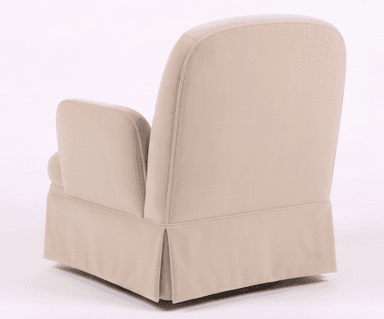 A fully upholstered swivel armchair in a light cream or off-white fabric, featuring a skirted base that conceals the swivel mechanism. The chair has a plush, rounded backrest, soft, slightly rolled armrests, and a deep seat cushion. The overall design is transitional, emphasizing comfort and a clean aesthetic. — 3D model