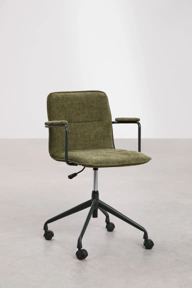 A modern office chair with a fabric-upholstered seat and backrest, supported by a black metal five-star base with casters. The chair features black metal armrests and a central gas lift mechanism for height adjustment. — 3D model