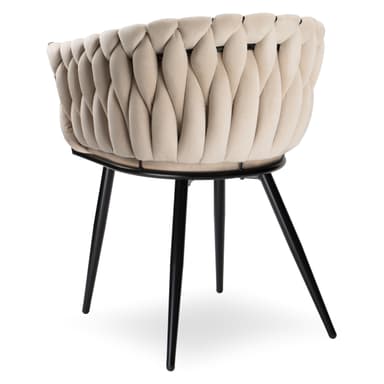 A contemporary armchair featuring a distinctive braided or woven upholstered back and seat in a light beige, velvet-like fabric. The chair is supported by four slim, tapered black metal legs, giving it a modern and elegant silhouette. The backrest curves around to form integrated armrests, and the plush braided design provides both visual texture and apparent comfort. — 3D model