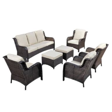 A three-seater outdoor sofa featuring a dark brown synthetic wicker frame and light beige fabric cushions. — 3D model