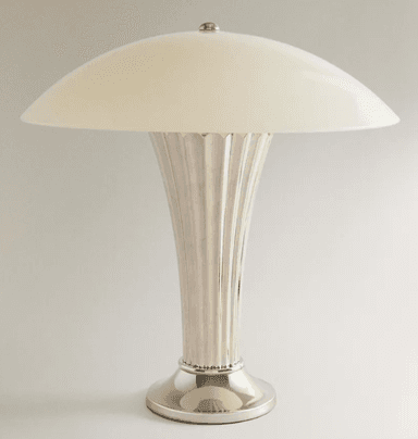 A polished metallic table lamp featuring a ribbed or fluted stem and base, topped with a domed, opaque off-white shade. The design suggests an Art Deco influence. — 3D model