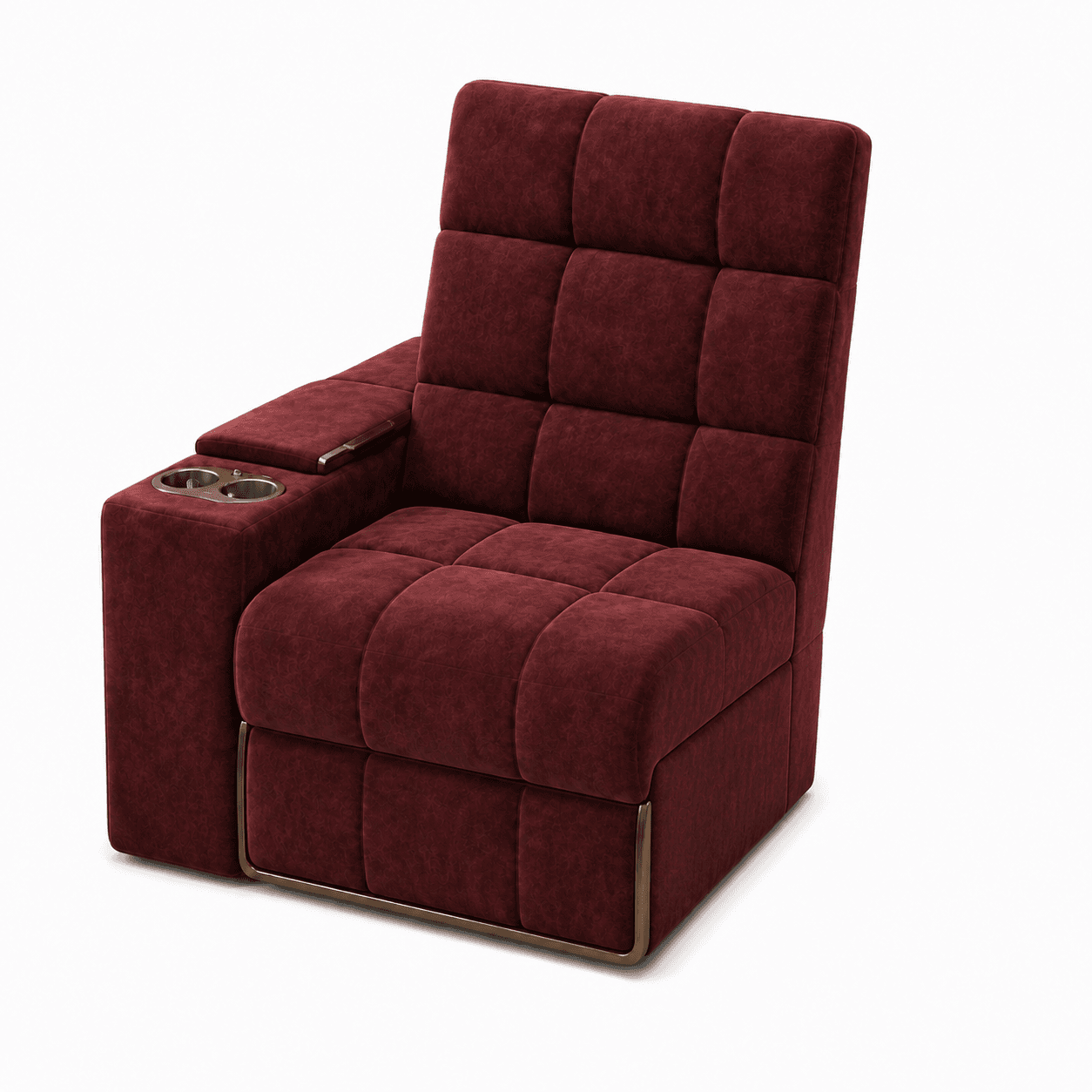 A single modular home theater seat upholstered in a rich burgundy fabric. The seat and backrest feature a grid-pattern tufting for comfort and style. An integrated armrest on the left side incorporates two metallic cup holders and a small, narrow wooden accent. The base of the seat is framed by a slender, bronze-toned metallic border, suggesting a modern and robust construction. The design indicates a focus on comfort and convenience for media viewing. — 3D model